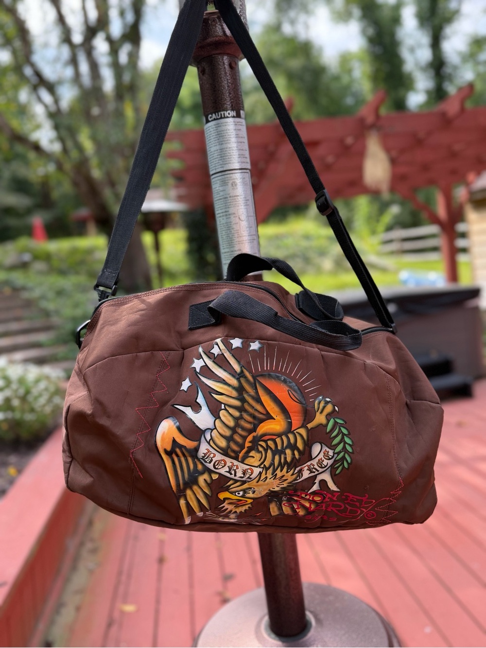 Ed Hardy Vintage Y2K Brown Duffel Bag Orange Eagle Tattoo Born Free Graphic